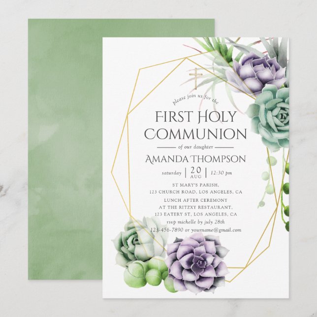 Succulent Geometric First Holy Communion Invitation (Front/Back)