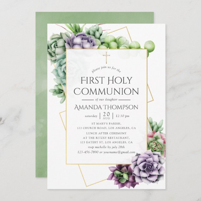 Succulent Geometric First Holy Communion Invitation (Front/Back)