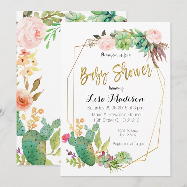 Succulent Geometric Frame Baby Shower Invitation (Front/Back)