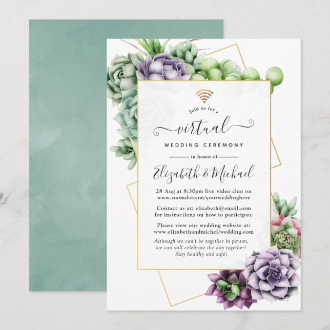 Succulent Geometric Online Virtual Wedding Invitation (Front/Back)