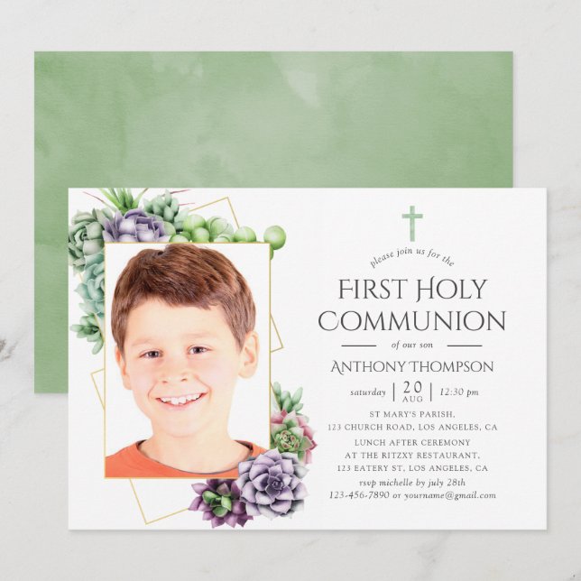 Succulent Geometric Photo First Holy Communion Invitation (Front/Back)
