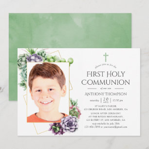 Succulent Geometric Photo First Holy Communion Invitation