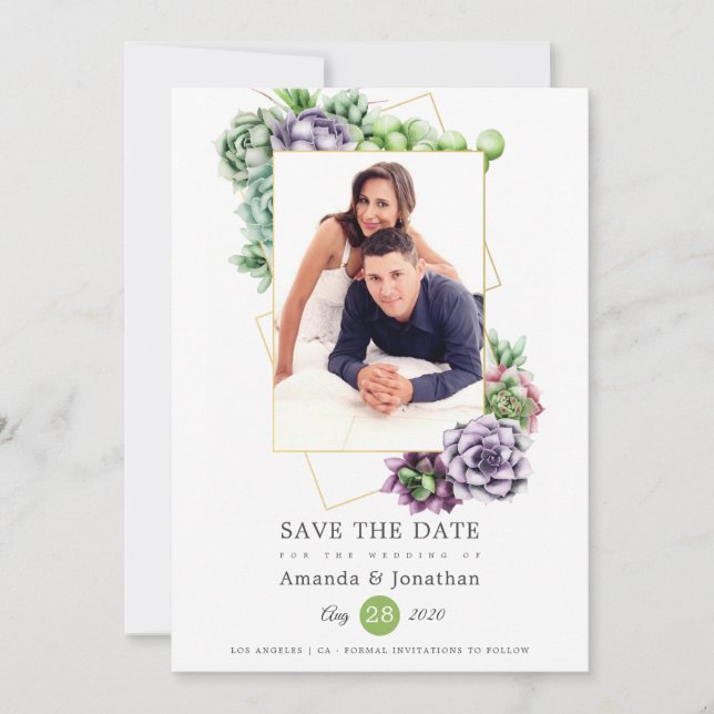 Succulent Geometric Photo Wedding Save The Date (Front)