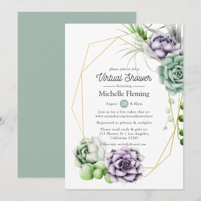 Succulent Geometric Virtual Baby or Bridal Shower Invitation (Front/Back)