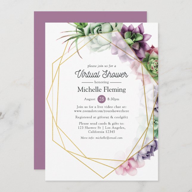 Succulent Geometric Virtual Bridal or Baby Shower Invitation (Front/Back)