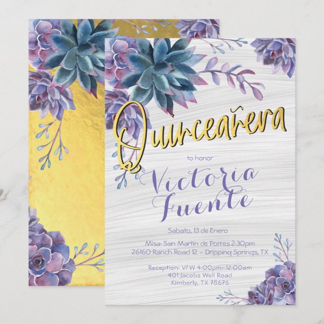 Succulent Gold Foil Watercolor Quinceañera Invitation (Front/Back)