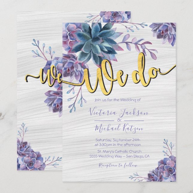 Succulent Gold Foil Watercolor Wedding invitations (Front/Back)