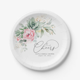 Succulent Gold Greenery Pink Floral Cheers  Paper Plate