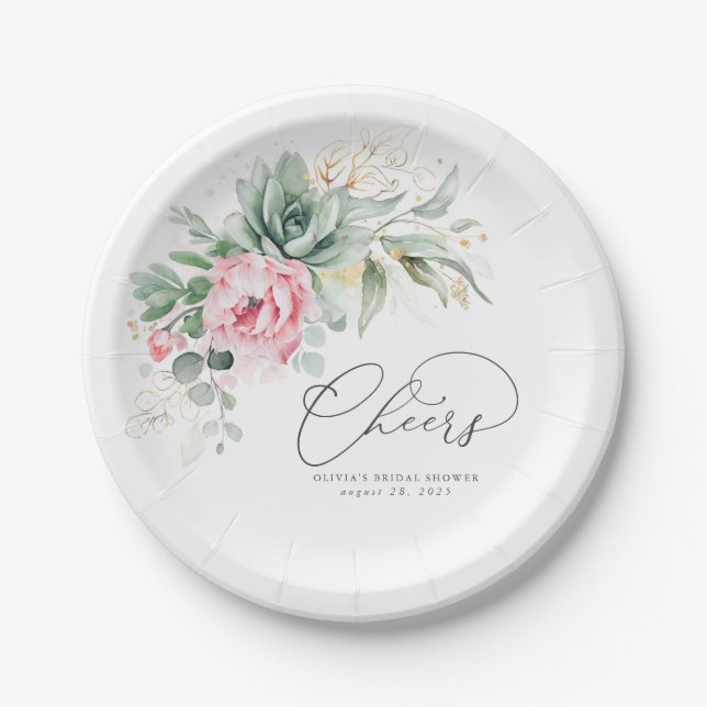 Succulent Gold Greenery Pink Floral Cheers  Paper Plate (Front)