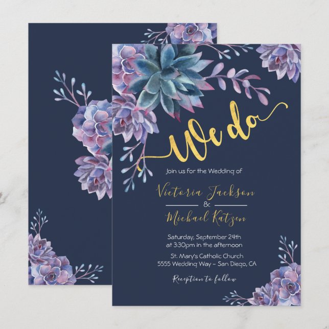 Succulent Gold Navy Watercolor Wedding invitations (Front/Back)