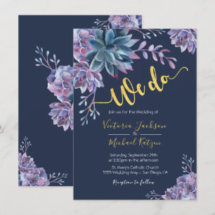 Succulent Gold Navy Watercolor Wedding invitations
