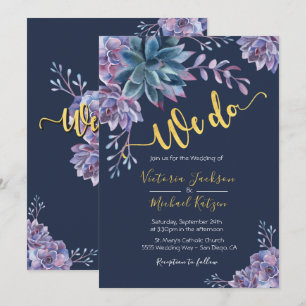 Succulent Gold Navy Watercolor Wedding invitations