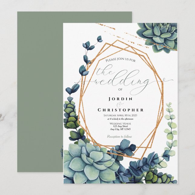 Succulent & Gold Wedding Invitation (Front/Back)