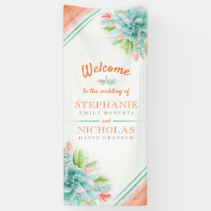 Succulent green orange wedding art welcome banner