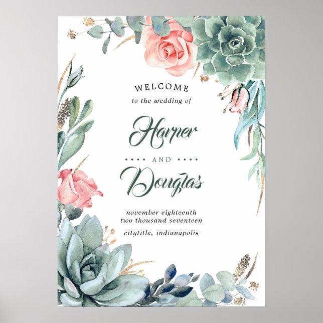 Succulent Greenery Blush Pink Wedding Welcome Sign (Front)