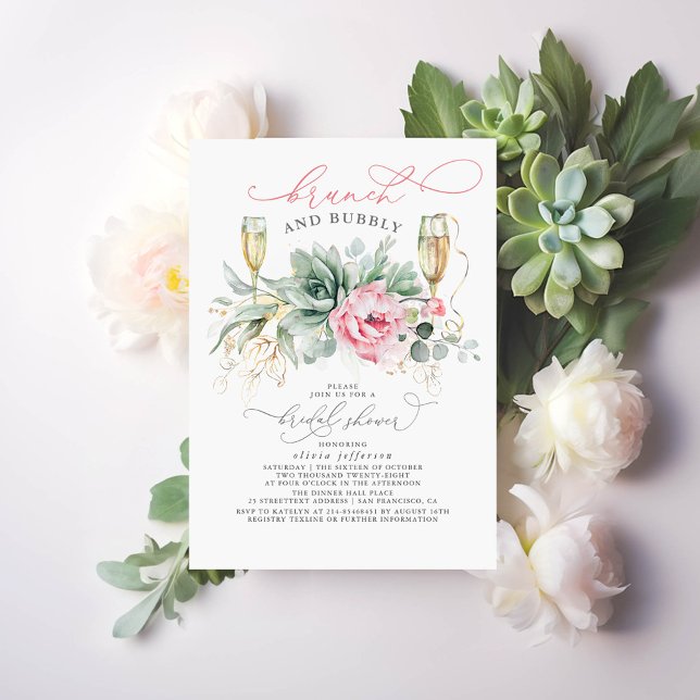 Succulent Greenery Brunch and Bubbly Bridal Shower Invitation (Brunch and Bubbly Succulent Bridal Shower Invitations)