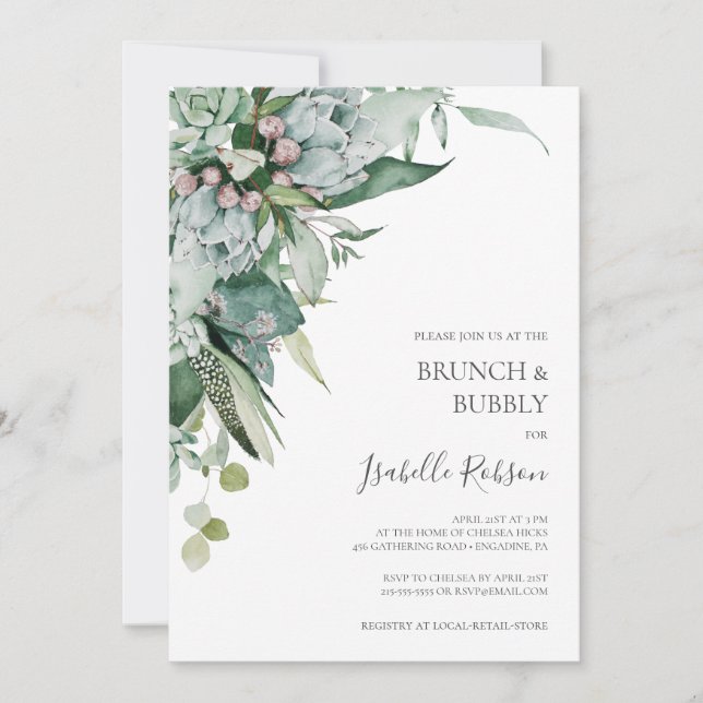 Succulent Greenery | Brunch and Bubbly Shower Invitation (Front)