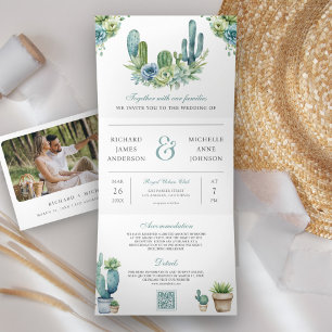 Succulent Greenery Cactus Photo QR Code Wedding Tri-Fold Invitation