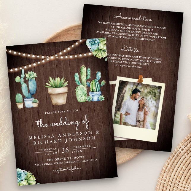 Succulent Greenery Cactus Pots Barn Wood Wedding Invitation (Creator Uploaded)