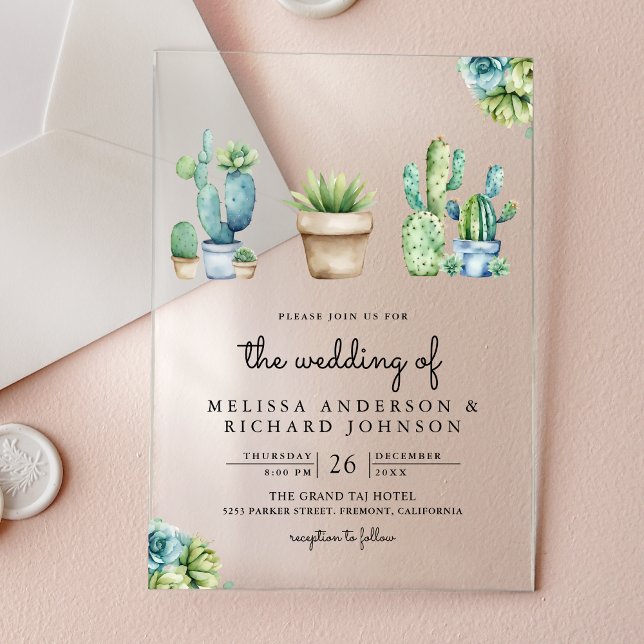Succulent Greenery Cactus Pots Wedding Acrylic Invitations (Creator Uploaded)