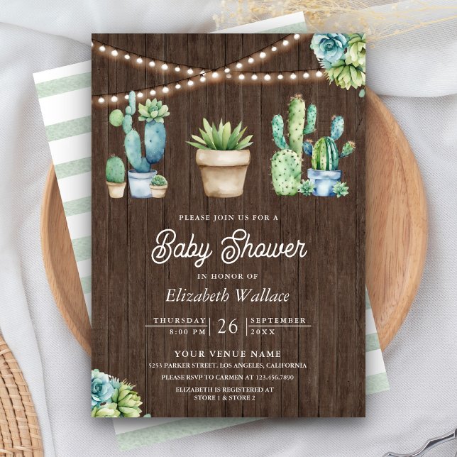 Succulent Greenery Cactus Pots Wood Baby Shower Invitation (Creator Uploaded)