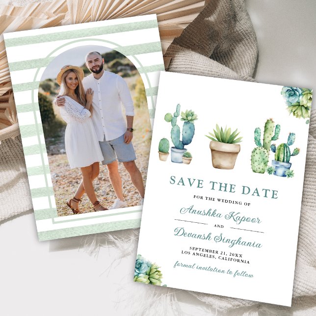 Succulent Greenery Cactus Pots Wood Photo Wedding Save The Date (Creator Uploaded)