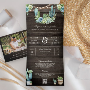 Succulent Greenery Cactus Wood QR Code Wedding Tri-Fold Invitation