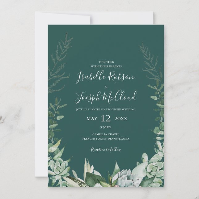 Succulent Greenery | Dark Green All In One Wedding Invitation (Front)