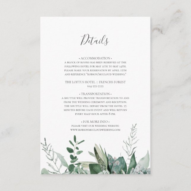 Succulent Greenery | Dark Green Details Enclosure Card (Front)