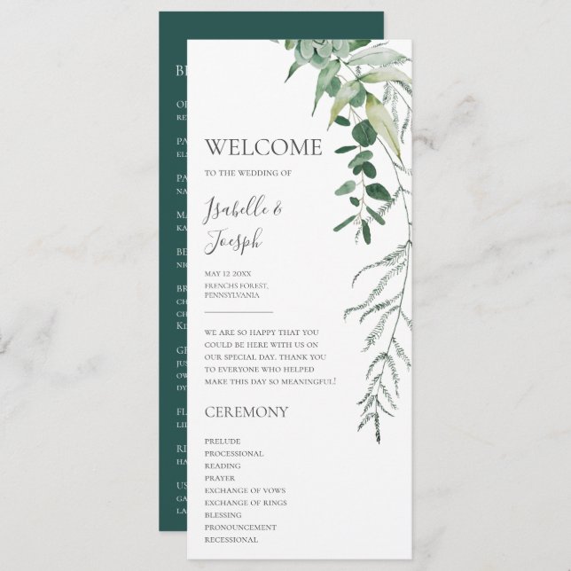 Succulent Greenery Dark Green Flat Wedding Program Programme (Front/Back)