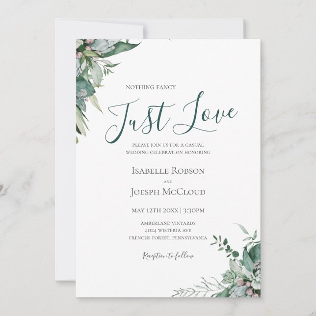 Succulent Greenery | Dark Green Just Love Wedding Invitation (Front)