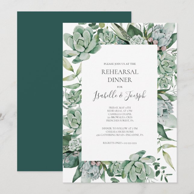Succulent Greenery | Dark Green Rehearsal Dinner Invitation (Front/Back)