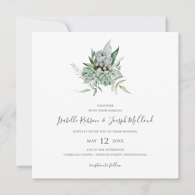 Succulent Greenery | Dark Green Square Wedding Invitation (Front)