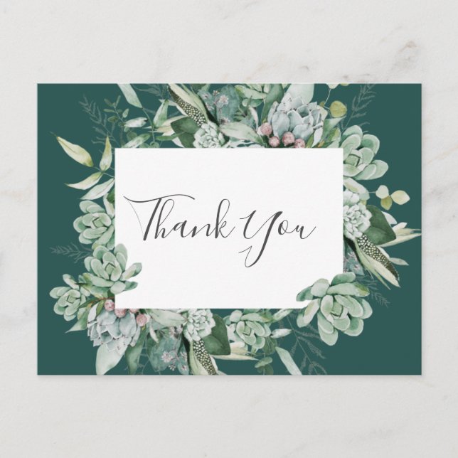 Succulent Greenery | Dark Green Wedding Thank You Postcard (Front)