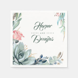 Succulent Greenery Foliage and Pink Rose Flower Napkin