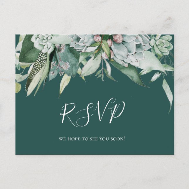 Succulent Greenery | Green Wedding RSVP Postcard (Front)