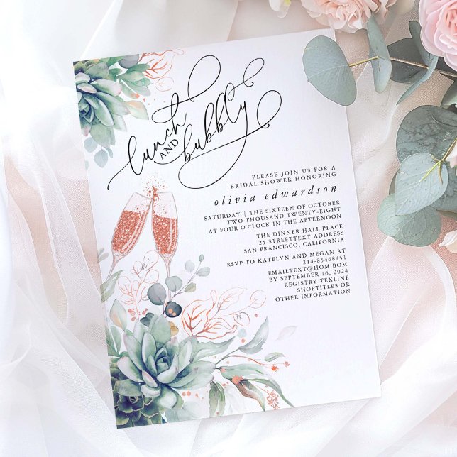 Succulent Greenery Lunch and Bubbly Bridal Shower Invitation (Lunch and Bubbly Bridal Shower Invitations)