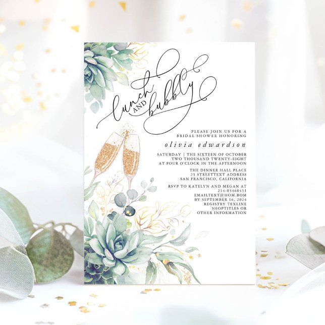 Succulent Greenery Lunch and Bubbly Bridal Shower Invitation (Lunch and Bubbly Greenery Bridal Shower Invitations)