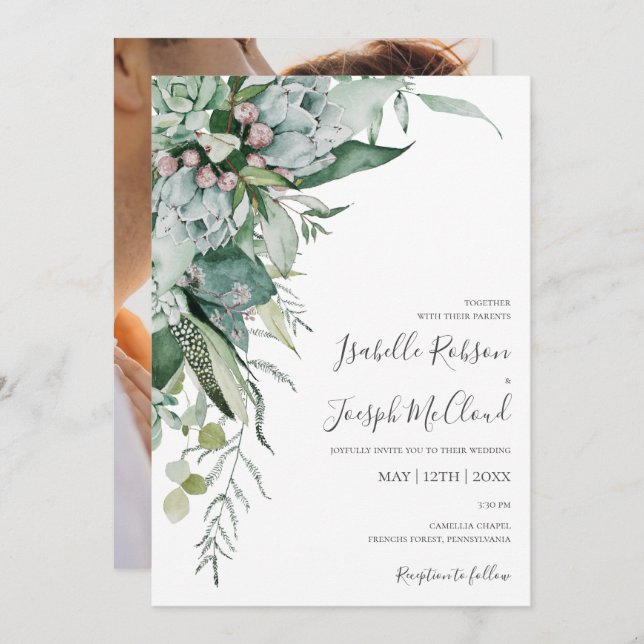 Succulent Greenery | Photo Casual Wedding Invitation (Front/Back)