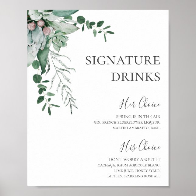 Succulent Greenery | Signature Drinks Sign (Front)