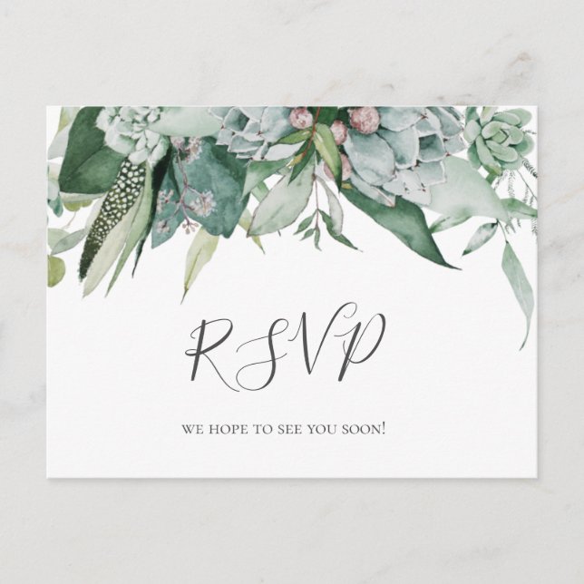 Succulent Greenery | Wedding RSVP Postcard (Front)