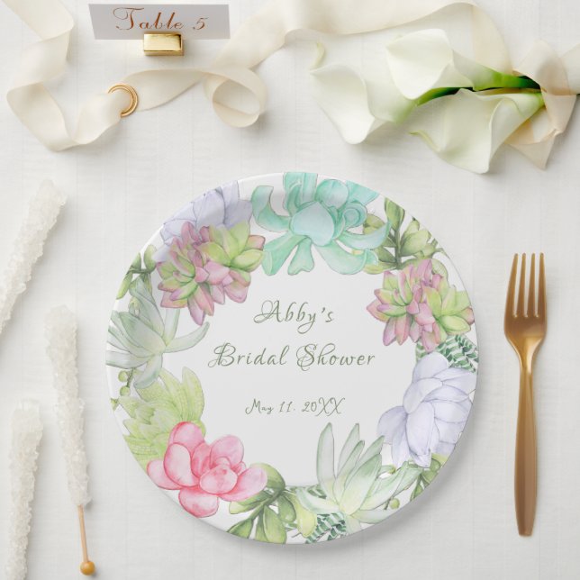 Succulent Greenery Wreath Bridal Shower Paper Plate (Wedding)