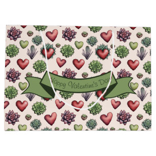 Succulent Heart Watercolor Valentines Day Pattern Large Gift Bag