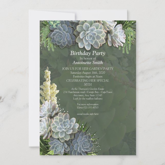 Succulent Hues of Pale Blues Birthday Invitation (Front)