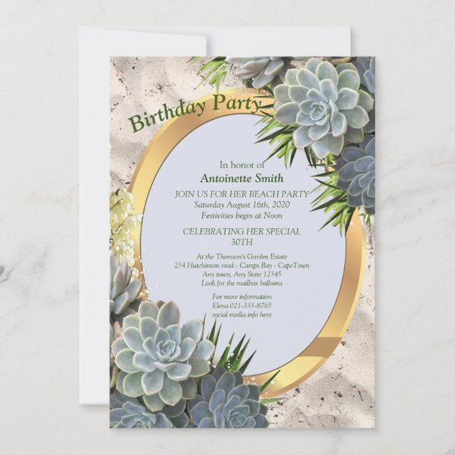 Succulent Hues of Pale Blues Birthday Invitation (Front)