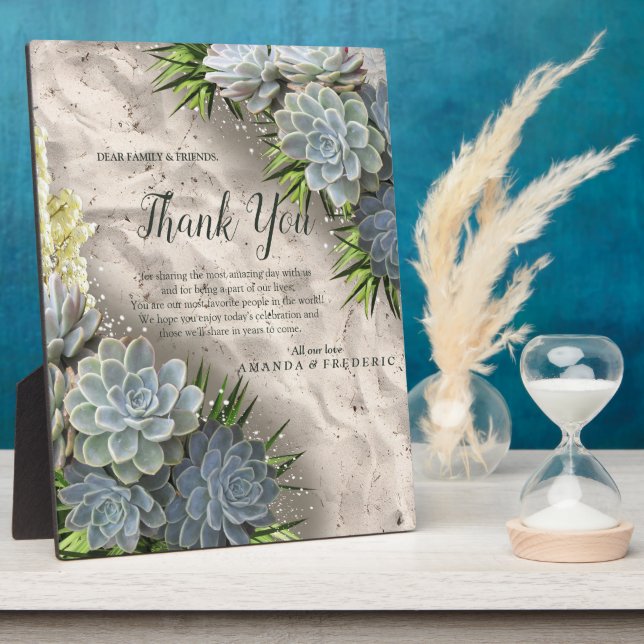 Succulent Hues of Pale Blues & Green Thank You Plaque (Side)