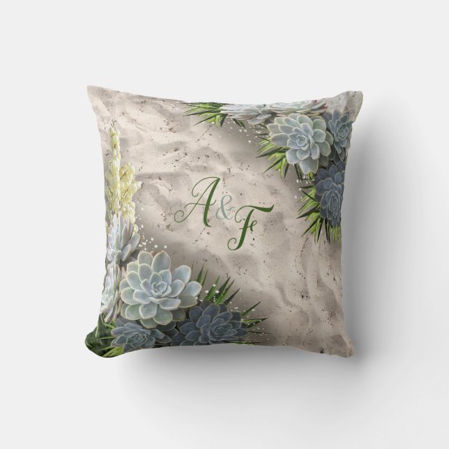 Succulent Hues of Pale Blues& Green Wedding Gift Cushion (Front)