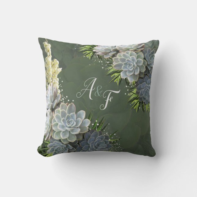 Succulent Hues of Pale Blues& Green Wedding Gift Cushion (Front)