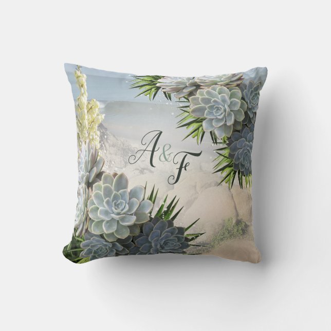 Succulent Hues of Pale Blues & Green Wedding Gift Cushion (Front)
