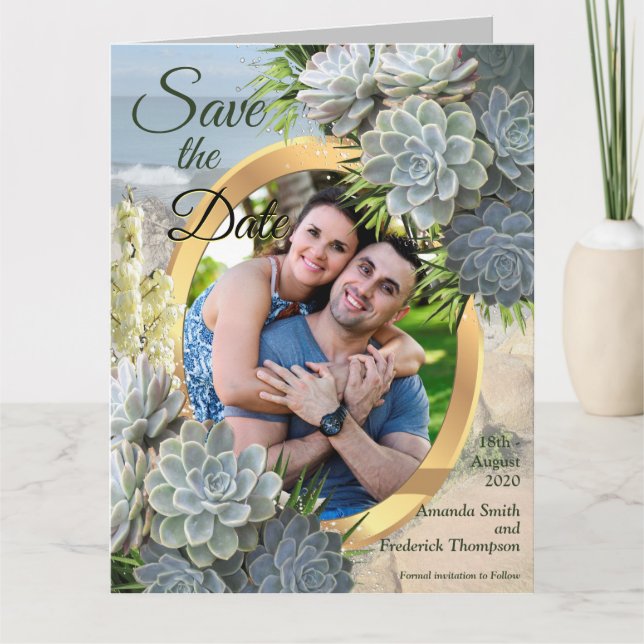 Succulent Hues of Pale Blues Save the Dates Card (Front)